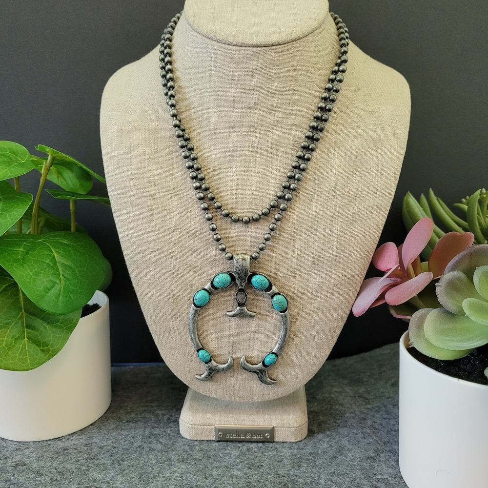 Southwestern Naja Turquoise Color Pendant Ball Chain Necklace 34"